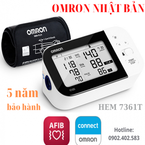 Máy đo huyết áp điện tử Omron Hem 7361T có cảnh báo đột quỵ và kết nối Bluetooth