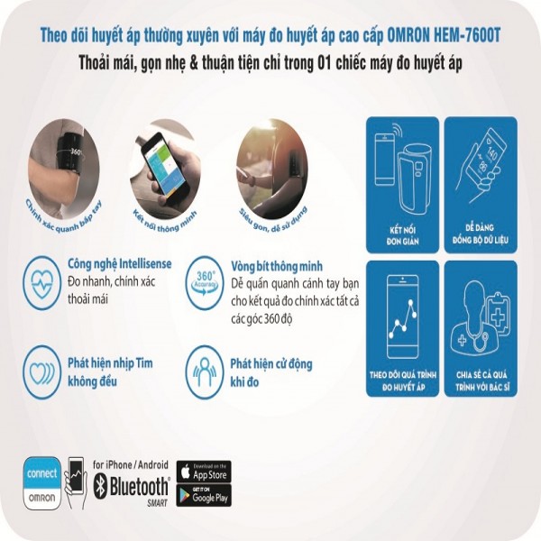 Máy đo huyết áp điện tử bắp tay không dây Omron HEM- 7600T  Nhật Bản